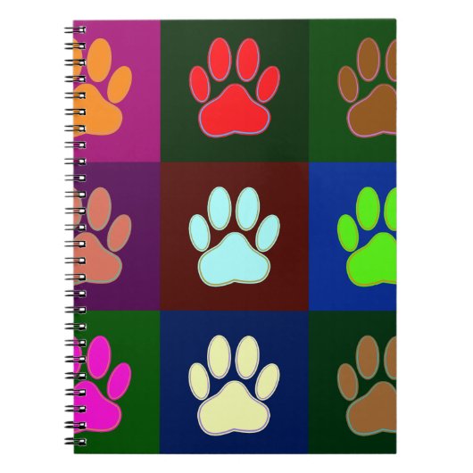 多色の犬の足跡パターン ノートブック (正面)