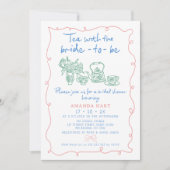 多色手描きの遊び心あふれるお茶のブライダルシャワー 招待状 (正面)