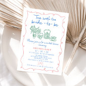 多色手描きの遊び心あふれるお茶のブライダルシャワー 招待状