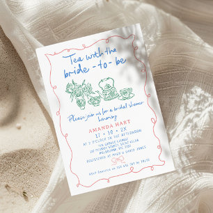 多色手描きの遊び心あふれるお茶のブライダルシャワー 招待状