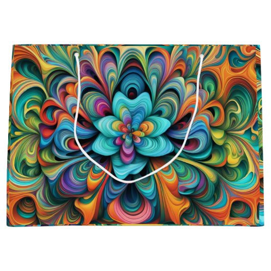 多色花抽象デザイン ラージペーパーバッグ (正面)