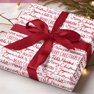 多言語クリスマスデザイン 赤いタイポグラフィ ラッピングペーパー