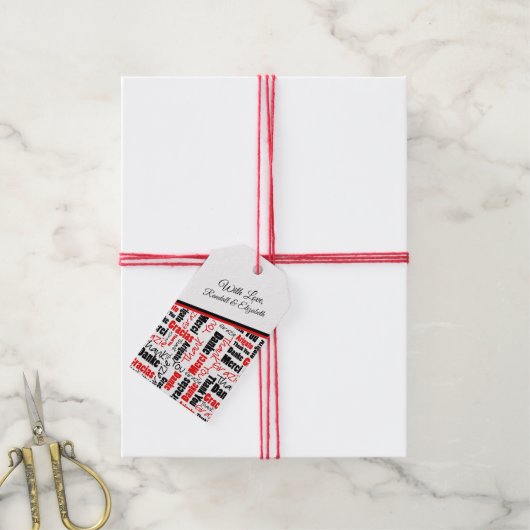 多言語サンキューレッドブラックタイポグラフィ ギフトタグ (より糸付き)