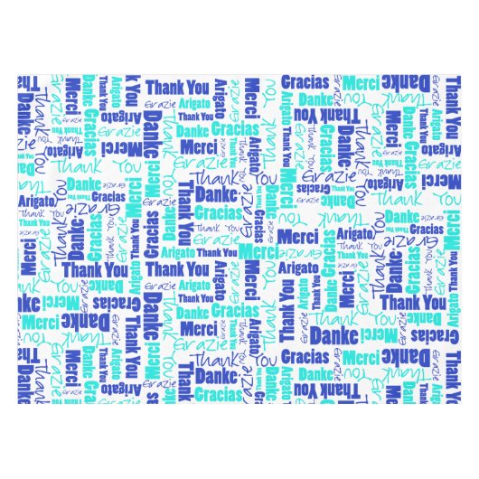 多言語ブルーターコイズありがとうタイポグラフィ テーブルクロス (正面(横))