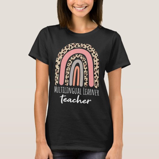 多言語学習者先生レオパード教えレインボー Tシャツ (正面)