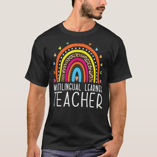 多言語学習者先生レオパード数々のレインボー Tシャツ (正面)