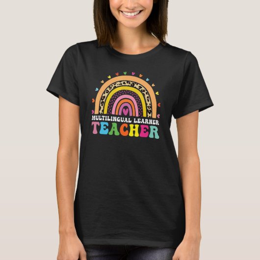 多言語学習者先生レオパード数々のレインボー Tシャツ (正面)