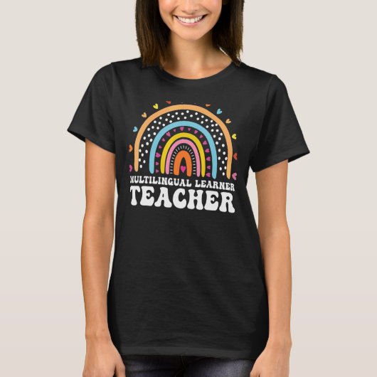 多言語学習者先生レオパード数々のレインボー Tシャツ (正面)