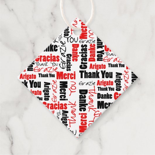 多言語感謝していタイポグラフィコラージュ赤黒 フェイバータグ (正面)