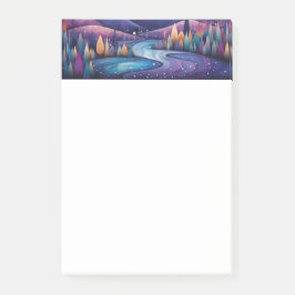 夜お洒落の川、木々と山 ポストイット