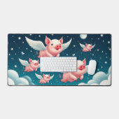 夜お洒落の空に飛んでいるかわいい豚 デスクマット (キーボード&マウス)