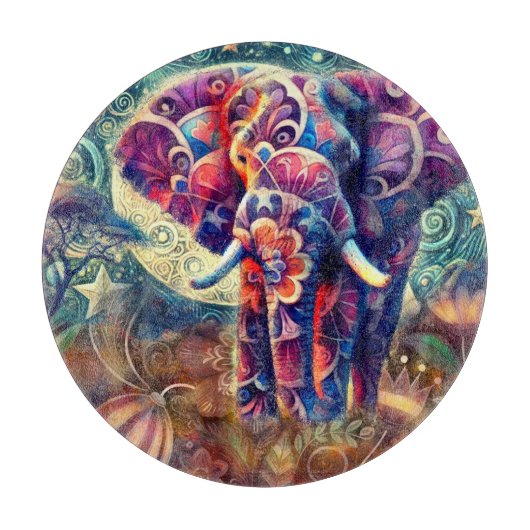 夜お洒落の象ブルーパープルスターズムーン カッティングボード (正面)