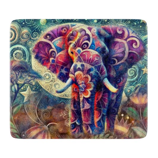 夜お洒落の象ブルーパープルスターズムーン カッティングボード (正面)