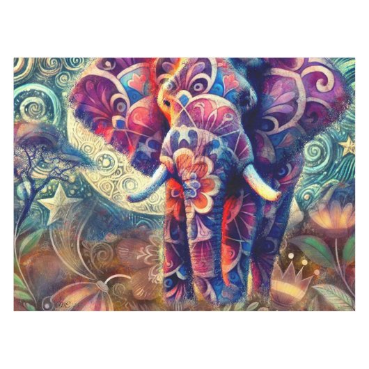 夜お洒落の象ブルーパープルスターズムーン テーブルクロス (正面(横))