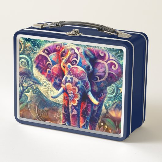 夜お洒落の象ブルーパープルスターズムーン メタルランチボックス (正面)