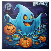 夜によくはしゃぐかぼちゃを持つハロウィーン幽霊 タイル (正面)