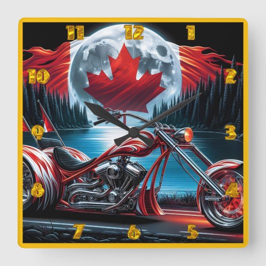 夜にカナダ国旗で自由を切り刻む スクエア壁時計 (正面)