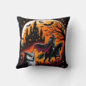 夜にハロウィーンの馬と神秘的な乗り物 クッション (裏面)