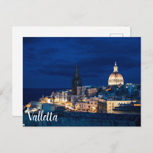 夜にライトアップされたバレッタ旧市街と港 ポストカード (正面/裏面)