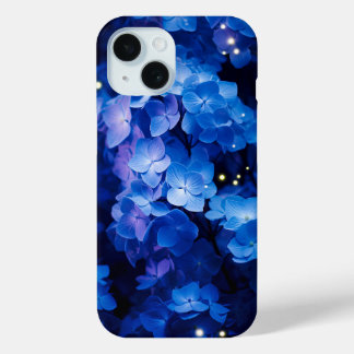 夜に咲く美しい青あじさい花 iPhone 15ケース