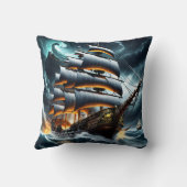 夜に嵐の海を航海する暗い海賊の船 クッション (裏面)