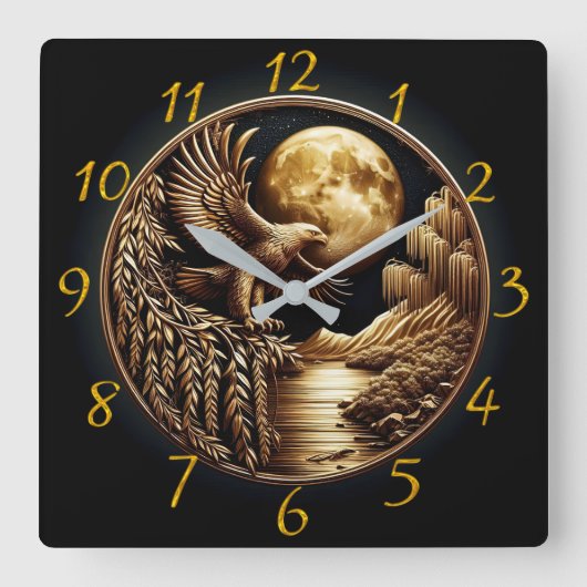 夜に月に照らされた海に覆われたワシ スクエア壁時計 (正面)