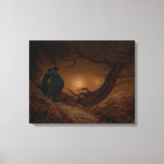 夜に月を眺める二人の男性の友人 キャンバスプリント (正面)