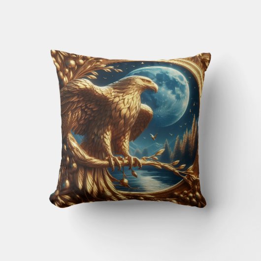 夜に月明かりの湖に止まるゴールデンイーグル クッション (正面)