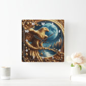 夜に月明かりの湖に止まるゴールデンイーグル スクエア壁時計 (ホーム)