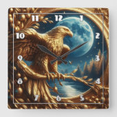 夜に月明かりの湖に止まるゴールデンイーグル スクエア壁時計 (正面)