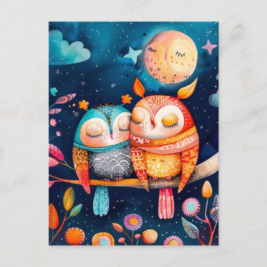 夜に森の中を散歩するフクロウのイラストレーション ポストカード (正面)