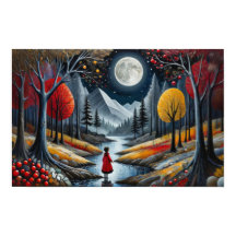 夜に森を探検するお洒落赤いコートの子供