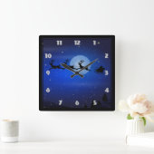 夜に飛ぶサンタおよび彼のトナカイ スクエア壁時計 (ホーム)