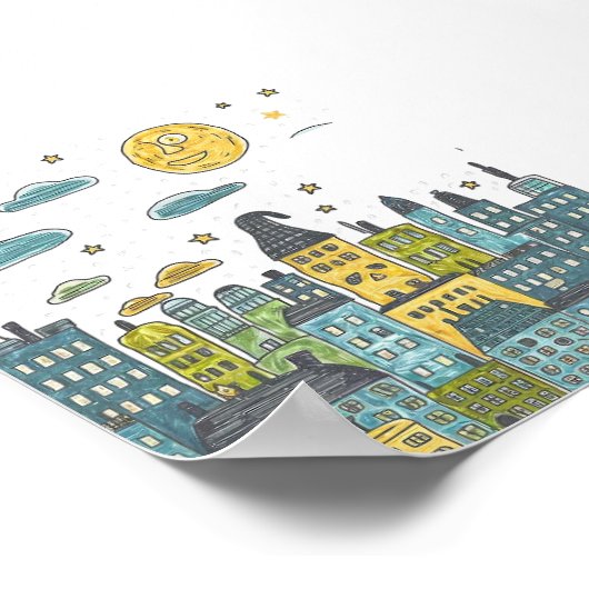 夜のお洒落街並み – 手よくはしゃぐ描きアート ポスター (角)