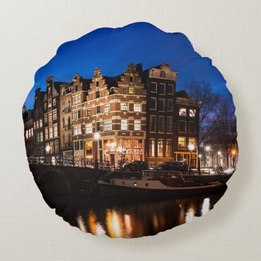 夜のアムステルダム運河の家 ラウンドクッション (裏面)