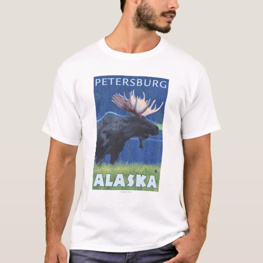 夜のアメリカヘラジカ-ピーターズバーグ、アラスカ Tシャツ (正面)