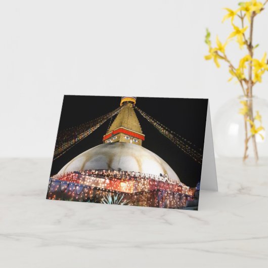 夜のカトマンドゥの仏塔ボダナート・スタパ - ネパールカード カード (黄色い花)