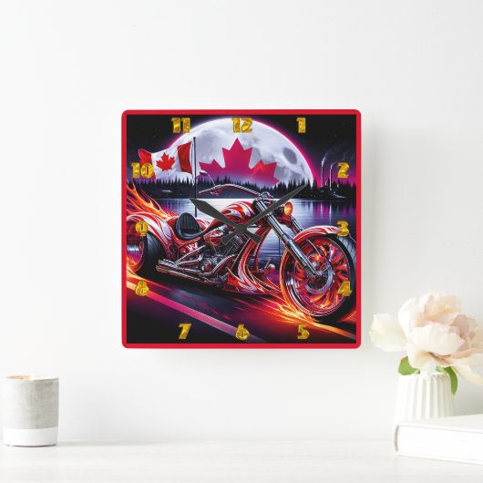 夜のカナダ国旗の炎と自由 スクエア壁時計 (ホーム)