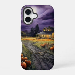 夜のカントリーの秋の風景とカボチャ iPhone 16ケース