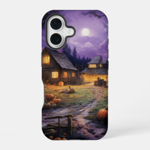 夜のカントリーの秋の風景とカボチャ iPhone 16ケース