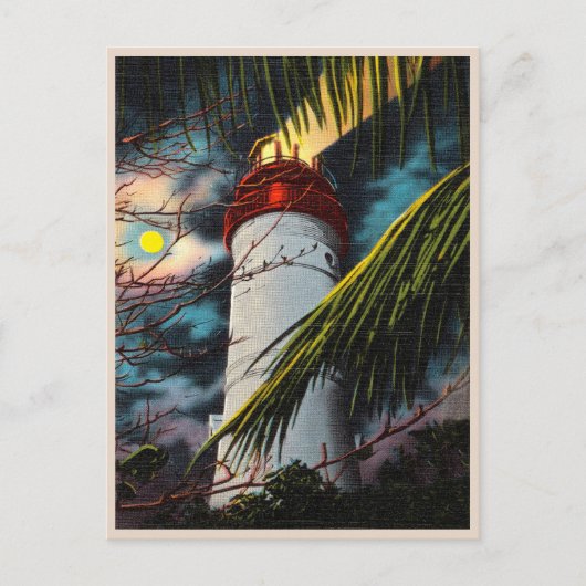 夜のキーウェスト灯台 ヴィンテージ シーン ポストカード (正面)