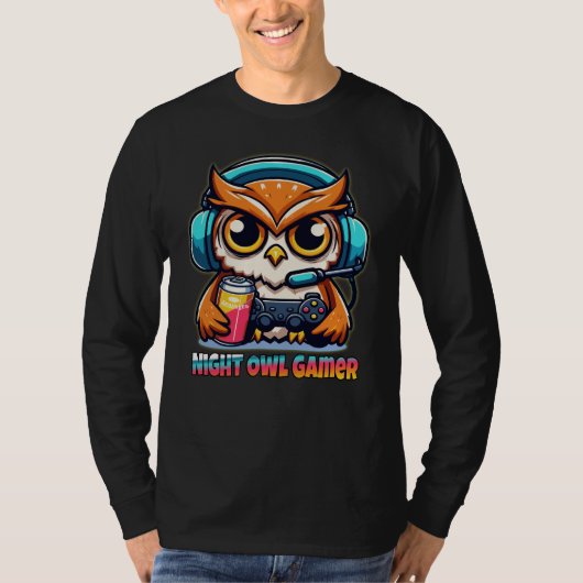 夜のゲーム好きのためのイラスト ナイトオウルゲーマー Tシャツ (正面)