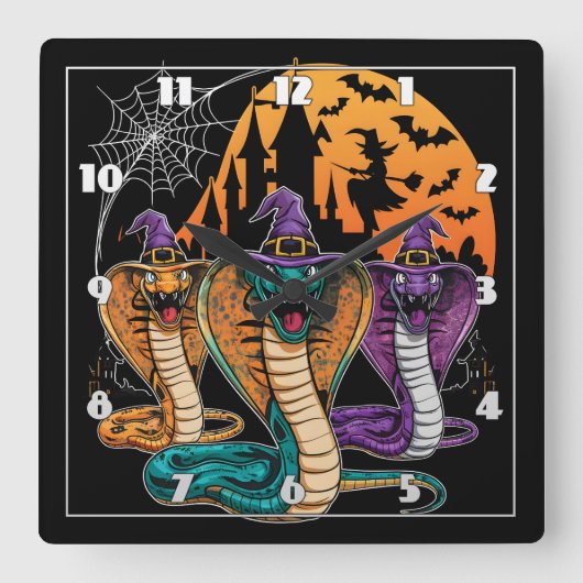夜のコスチュームの鮮やかハロウィーンのヘビ スクエア壁時計 (正面)