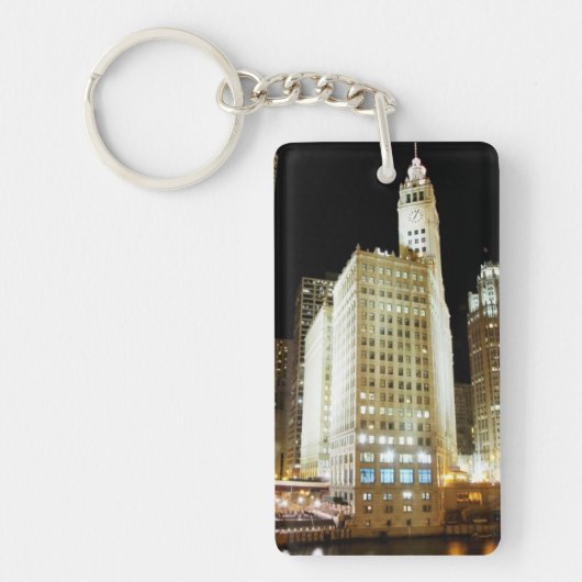 夜のシカゴの有名な陸標 キーホルダー (正面)