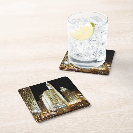 夜のシカゴの有名な陸標 スクエアペーパーコースター (インサイチュ)