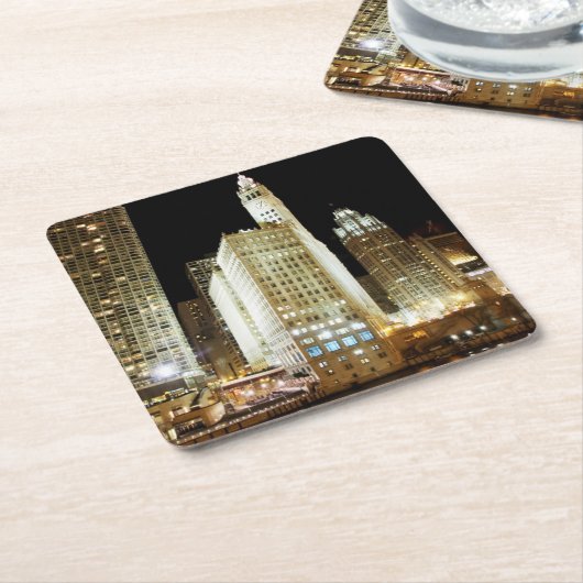 夜のシカゴの有名な陸標 スクエアペーパーコースター (アングル)