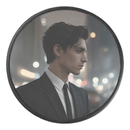 夜のスーツに謎の男 – シネマティックな都市 アイスホッケーパック (正面)