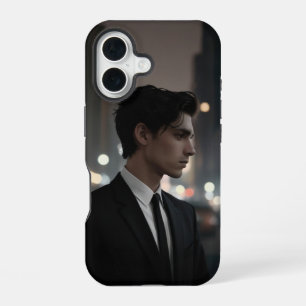 夜のスーツに謎の男 – シネマティックな都市 iPhone 16ケース