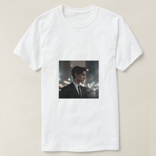 夜のスーツに謎の男 – シネマティックな都市 Tシャツ (デザイン正面)