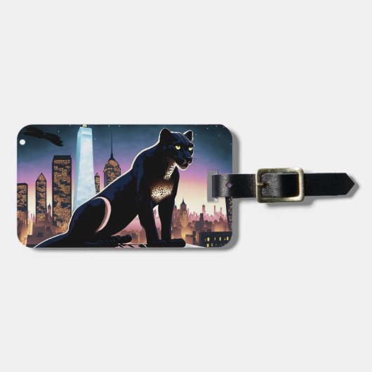 夜のニューヨークの屋上のヒョウ ラゲッジタグ (正面横)